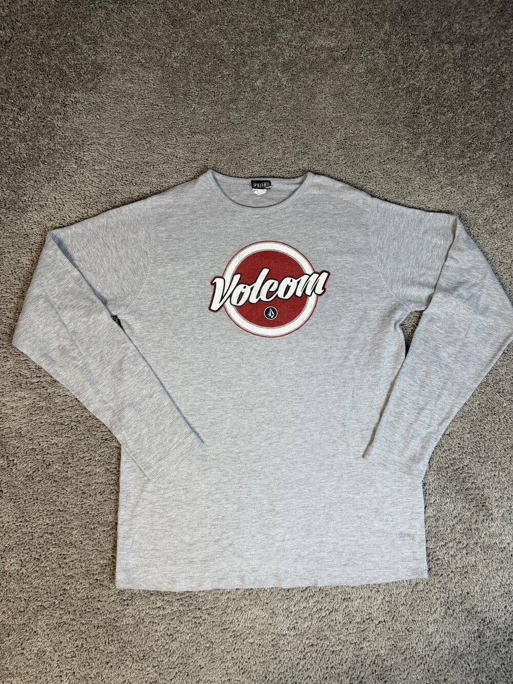 Volcom Shirt Mens 2XL Gray Long Sleeve Thermal Crew Neck Logo Graphic Waffle